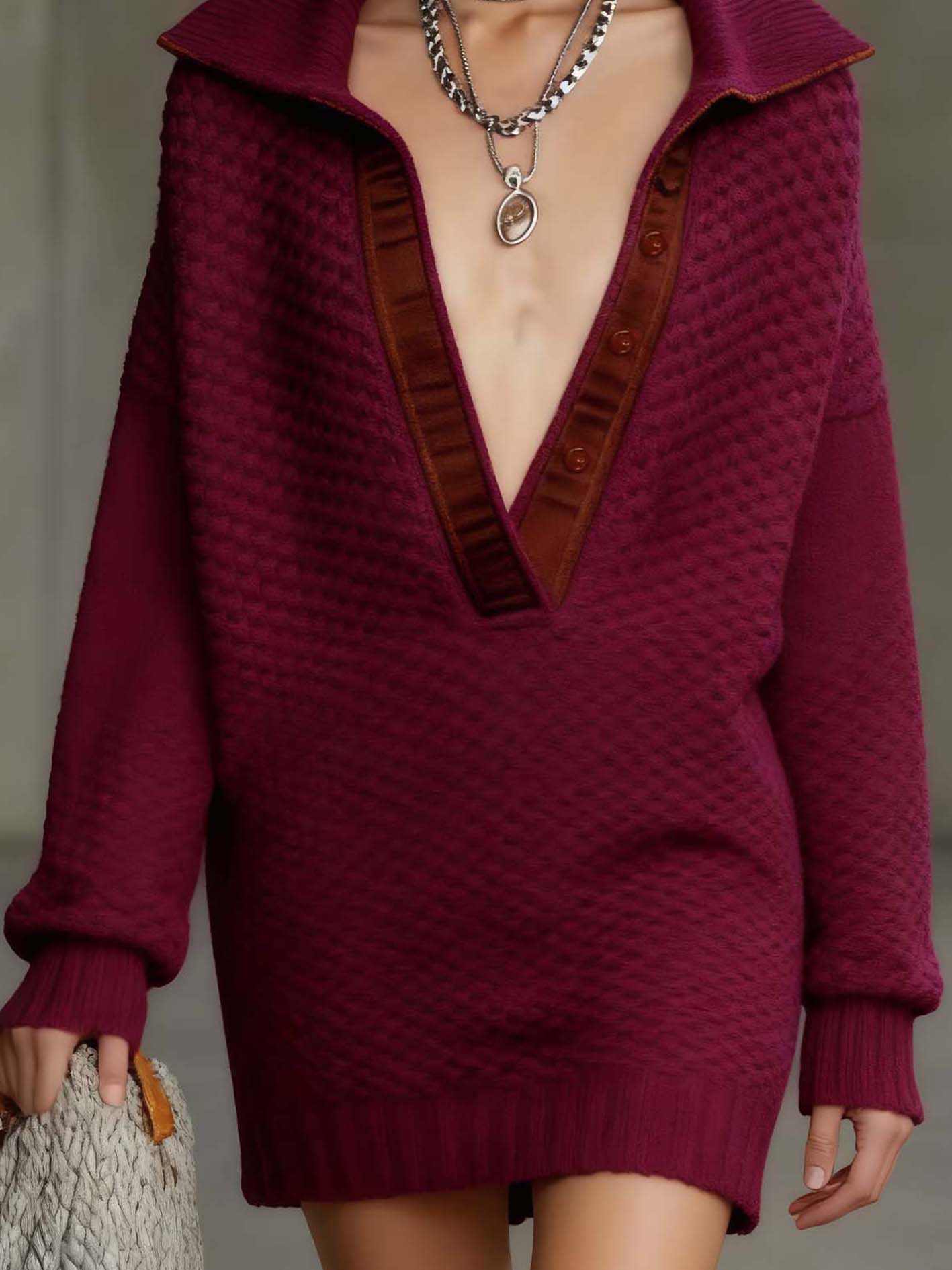 Rose Pink Knitted Mini Dress With Lapel