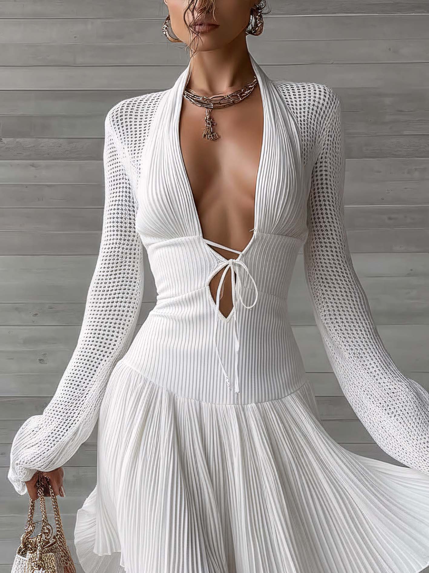 White Textured Knit Splice Pleated Mini Dress