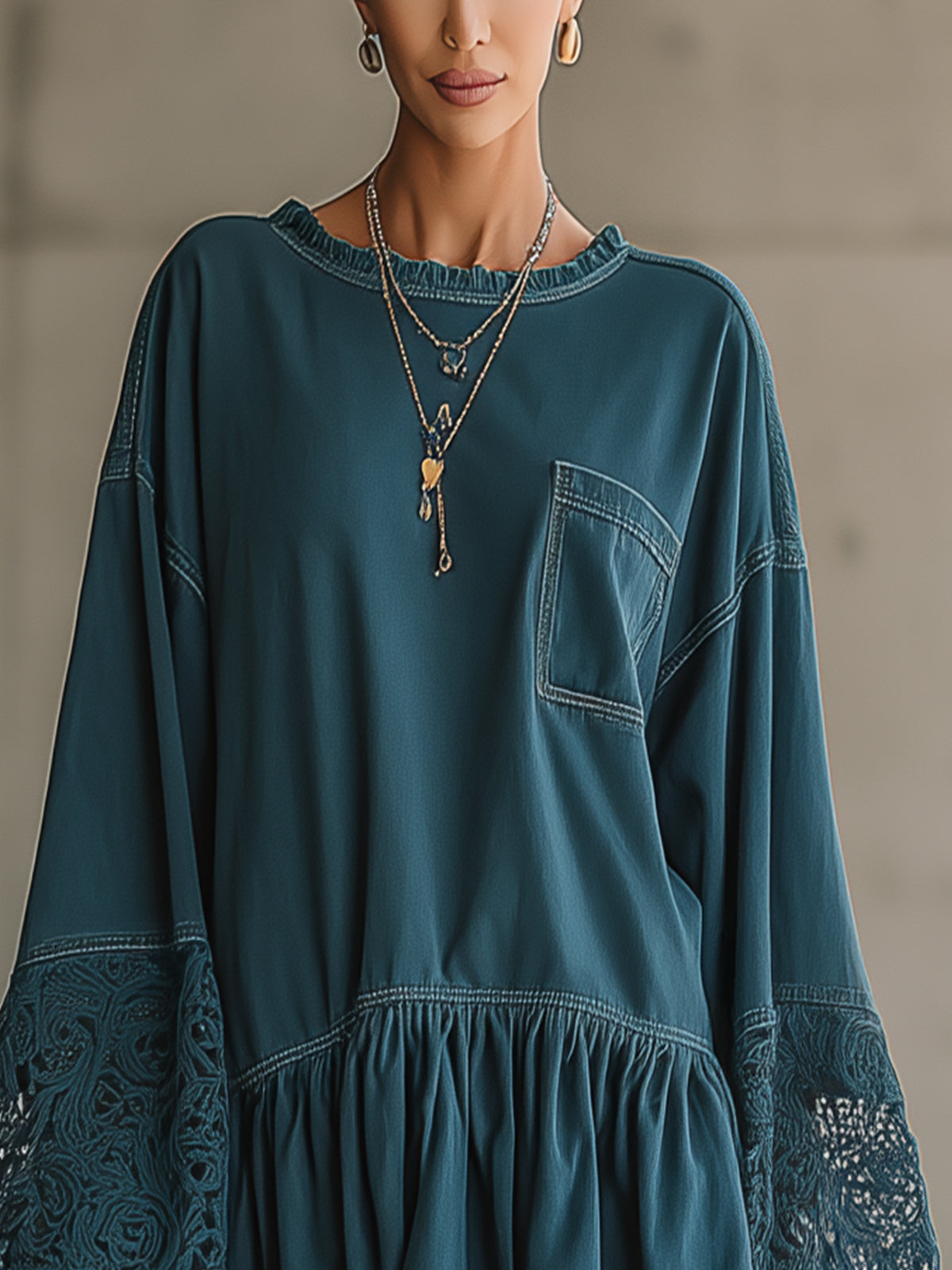 Blue Denim Lace Lantern Sleeve Ruffle Hem Mini Dress