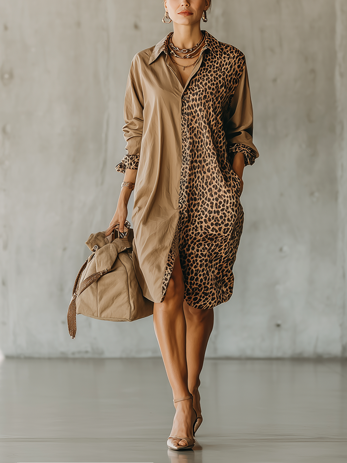 Brown And Leopard-Print Contrast Shirt Dress