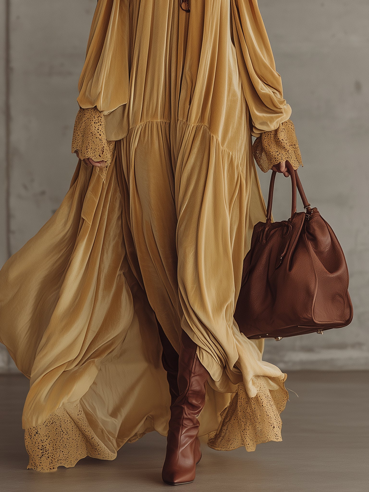 Yellow Velvet Off Shoulder High Neck Long Dress With Lace Hem