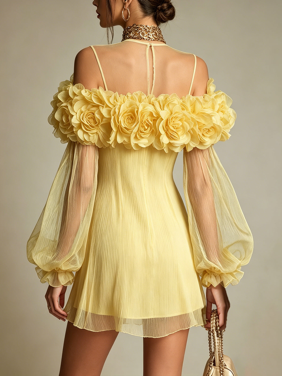Yellow 3D Floral Pleated Chiffon Mini Dress