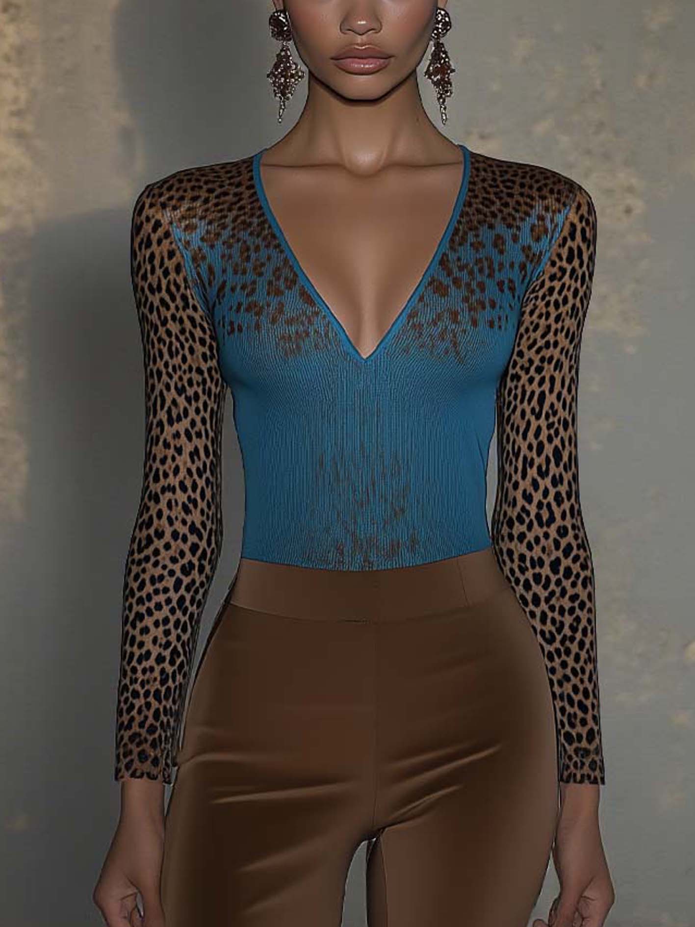 Blue Knitted T-shirt With Leopard Print Gradient