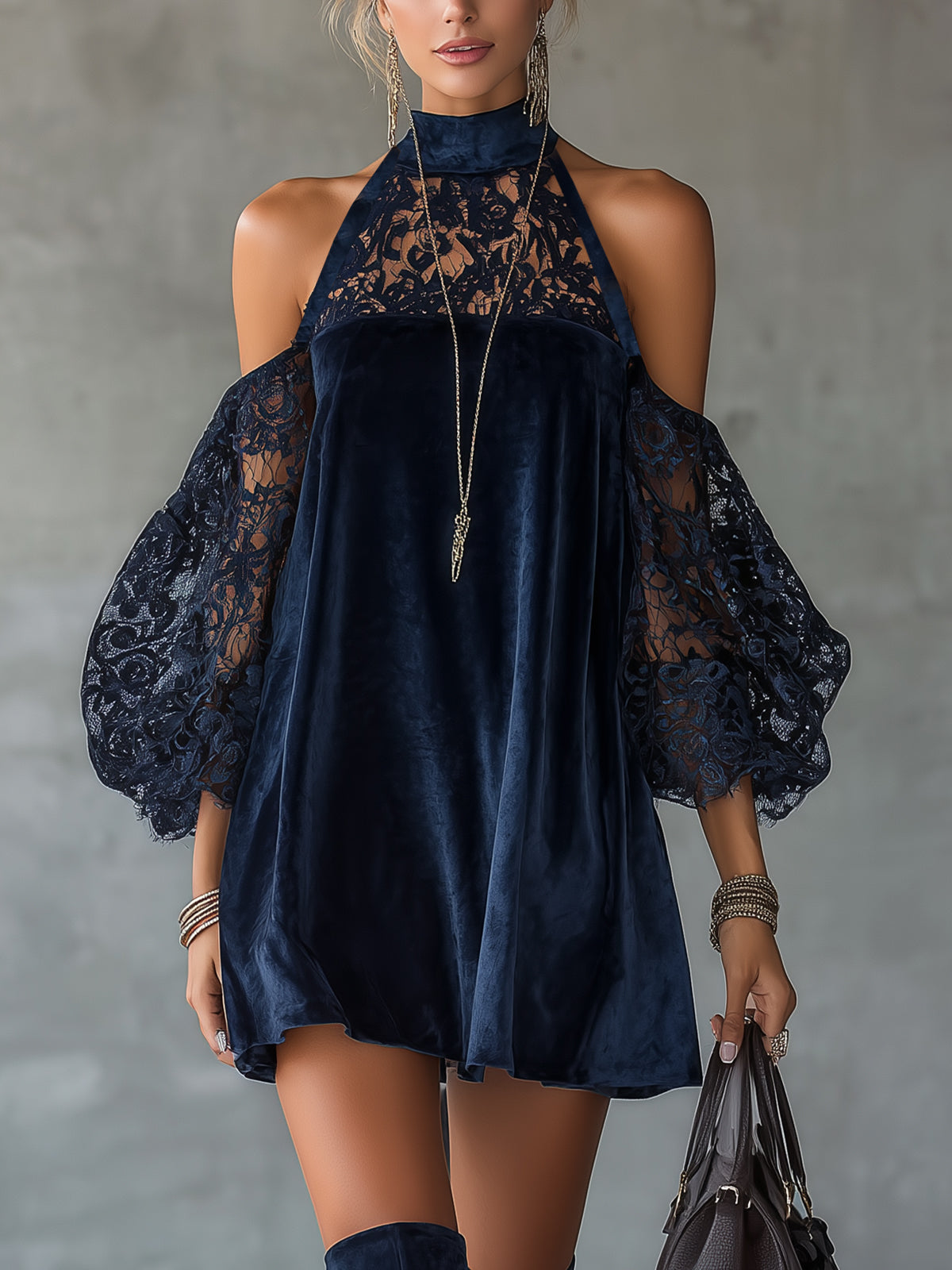 Navy Velvet Lace Cold‑Shoulder High‑Neck Mini Dress