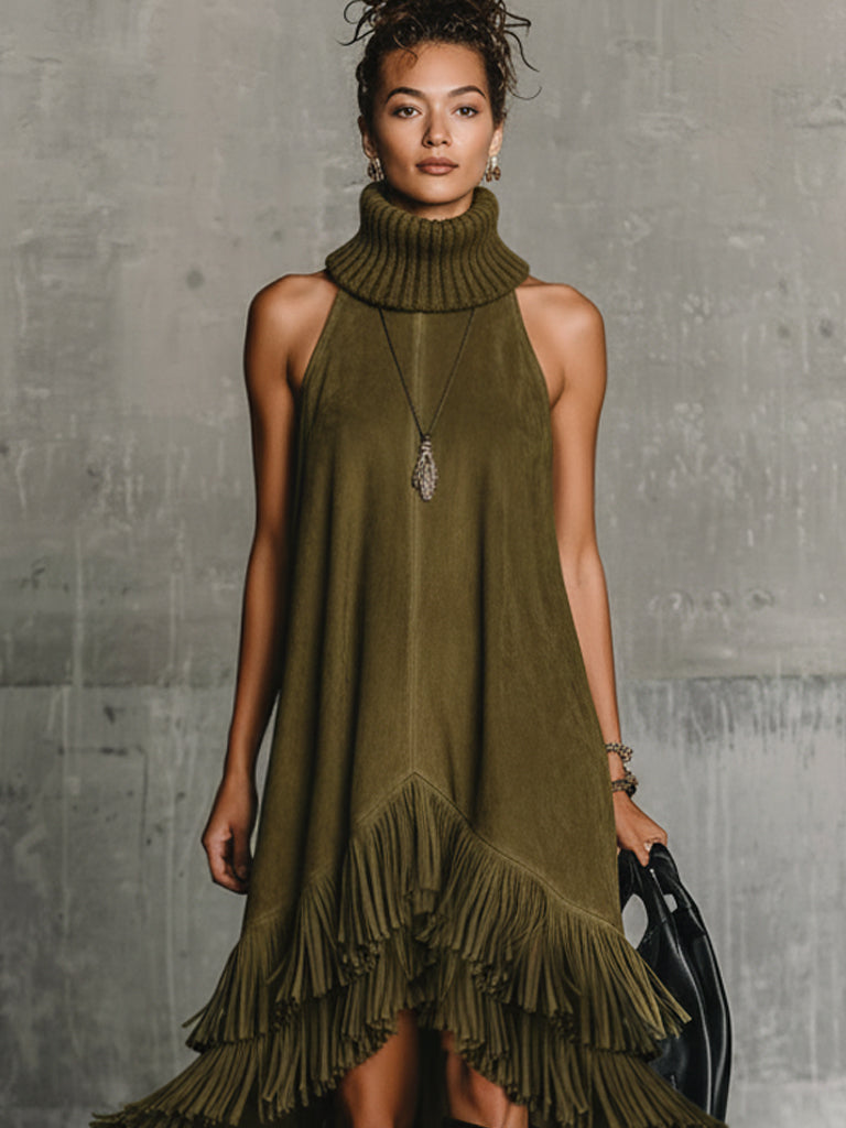 Olive Green Faux Suede Sleeveless Fringe Midi Dress