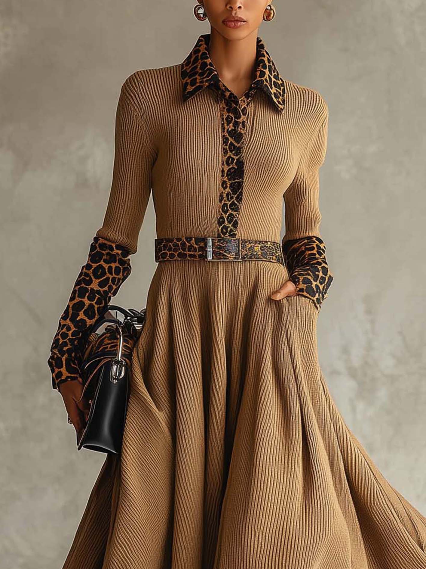 Beige Knit Midi Dress With Leopard Print Patchwork And Belt