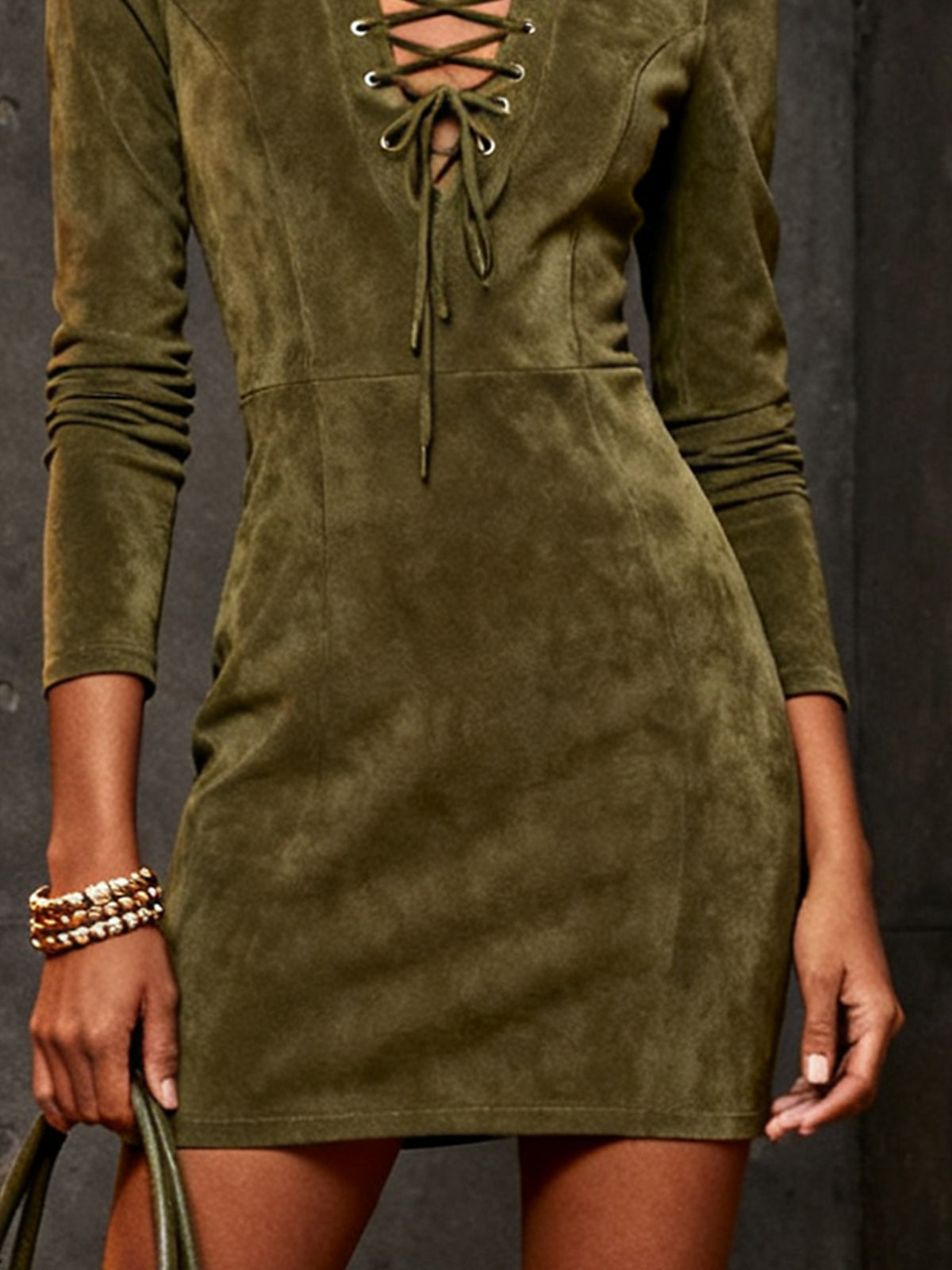Olive Lace-Up Faux Suede Turtleneck Mini Dress