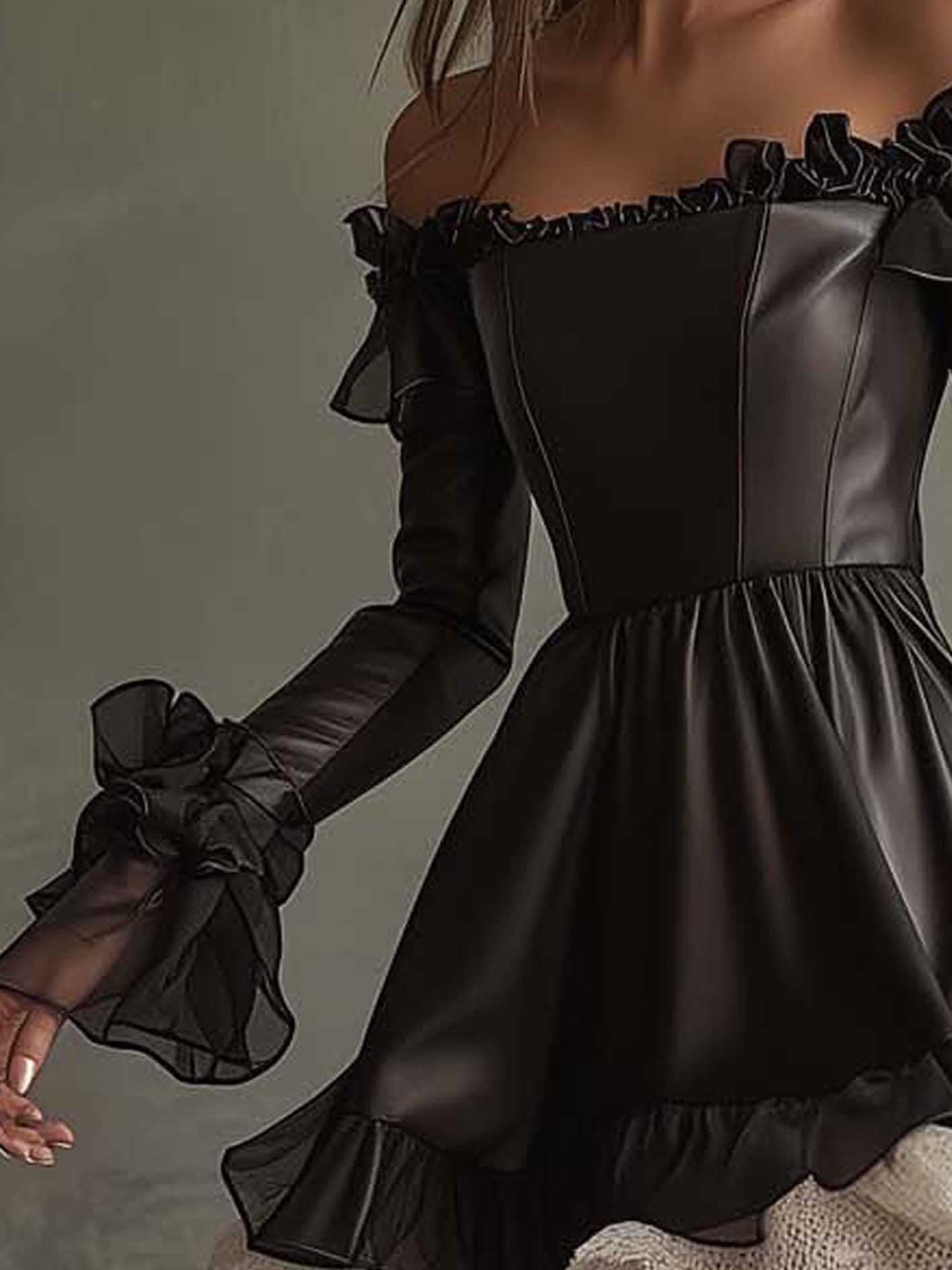 Off Shoulder Black Faux Leather Mini Dress With Mesh And Lace