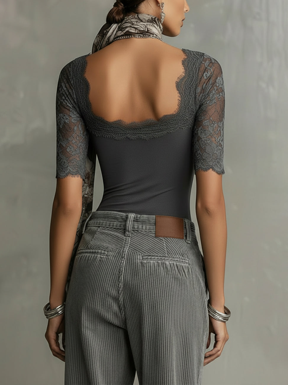 Gray Lace Square-Neck Sheer-Sleeve Shirt