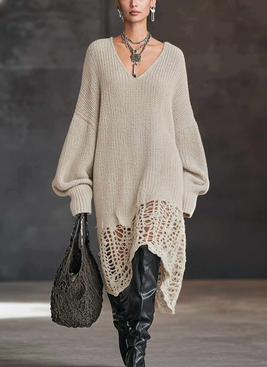 Charcoal Gray V-Neck Knit Mesh Long Sleeve Midi Dress