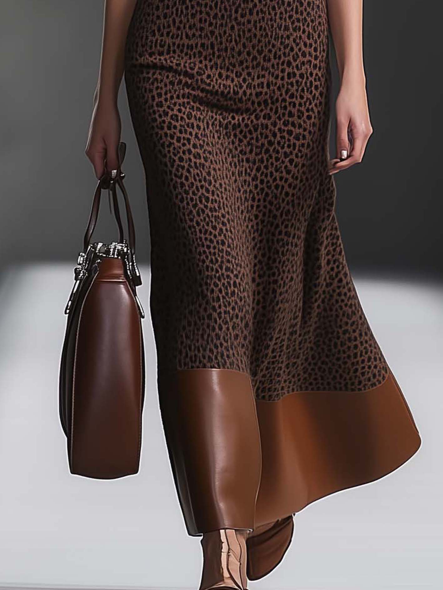 Brown Leopard Print Knit Maxi Dress With Faux Leather Panels