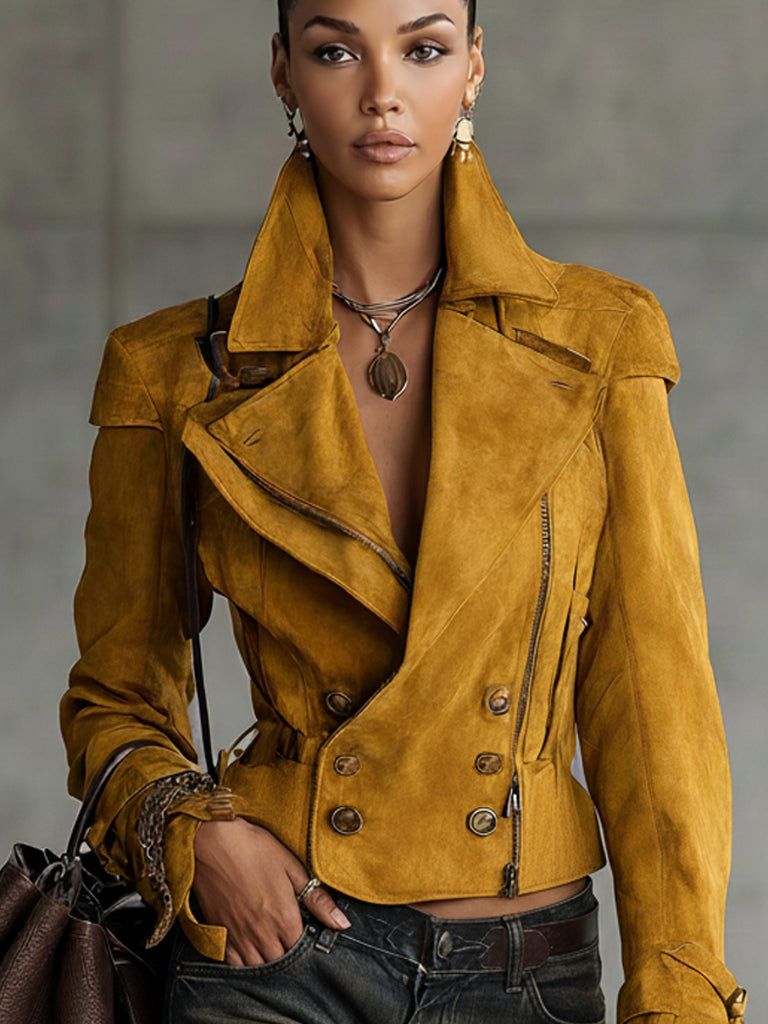 Mustard Distressed Suede Double Breasted Jacket