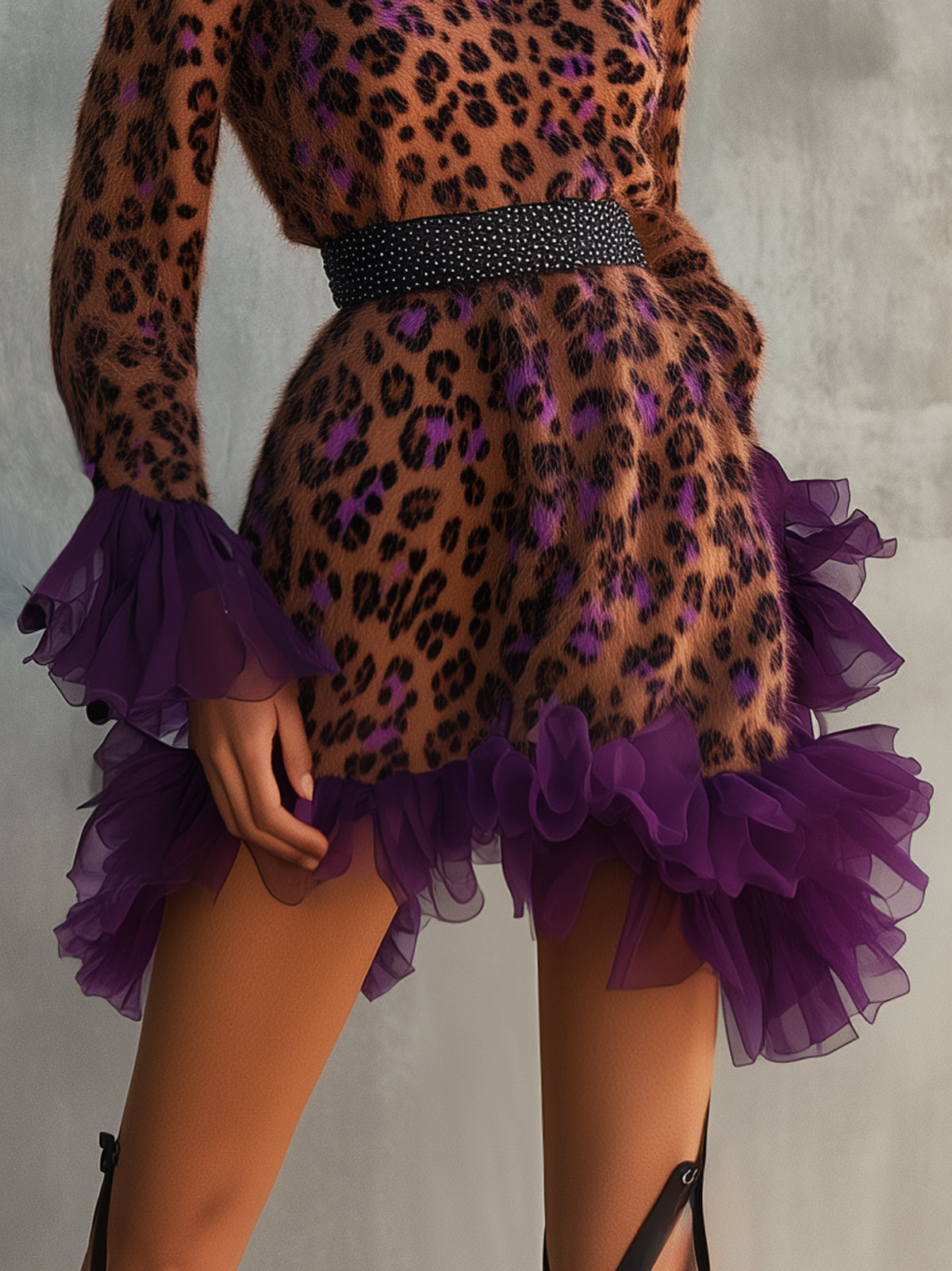 Brown Leopard Print V-Neck Waisted Long Sleeved Mini Dress