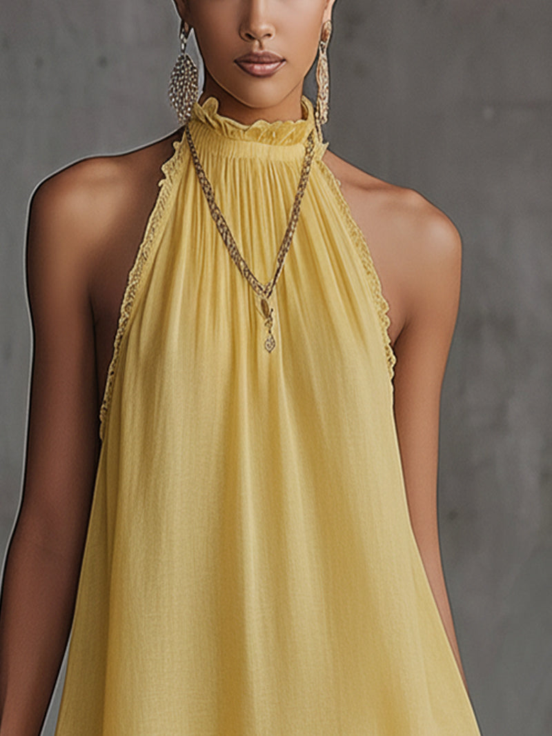 Yellow Halter Cotton Mini Dress With Ruffled Lace Hem