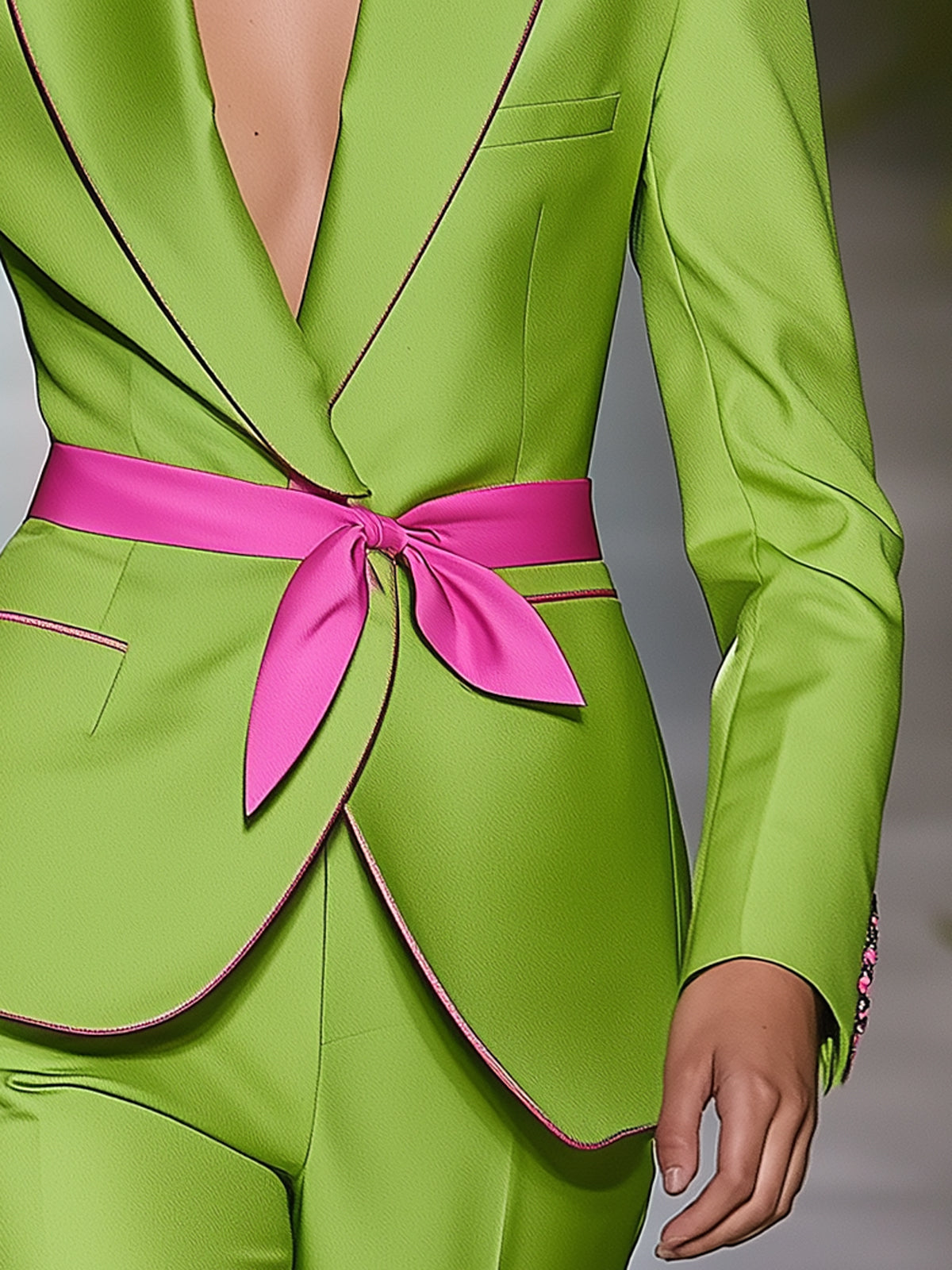 Lemon Green Contrast Pink Belt Blazer