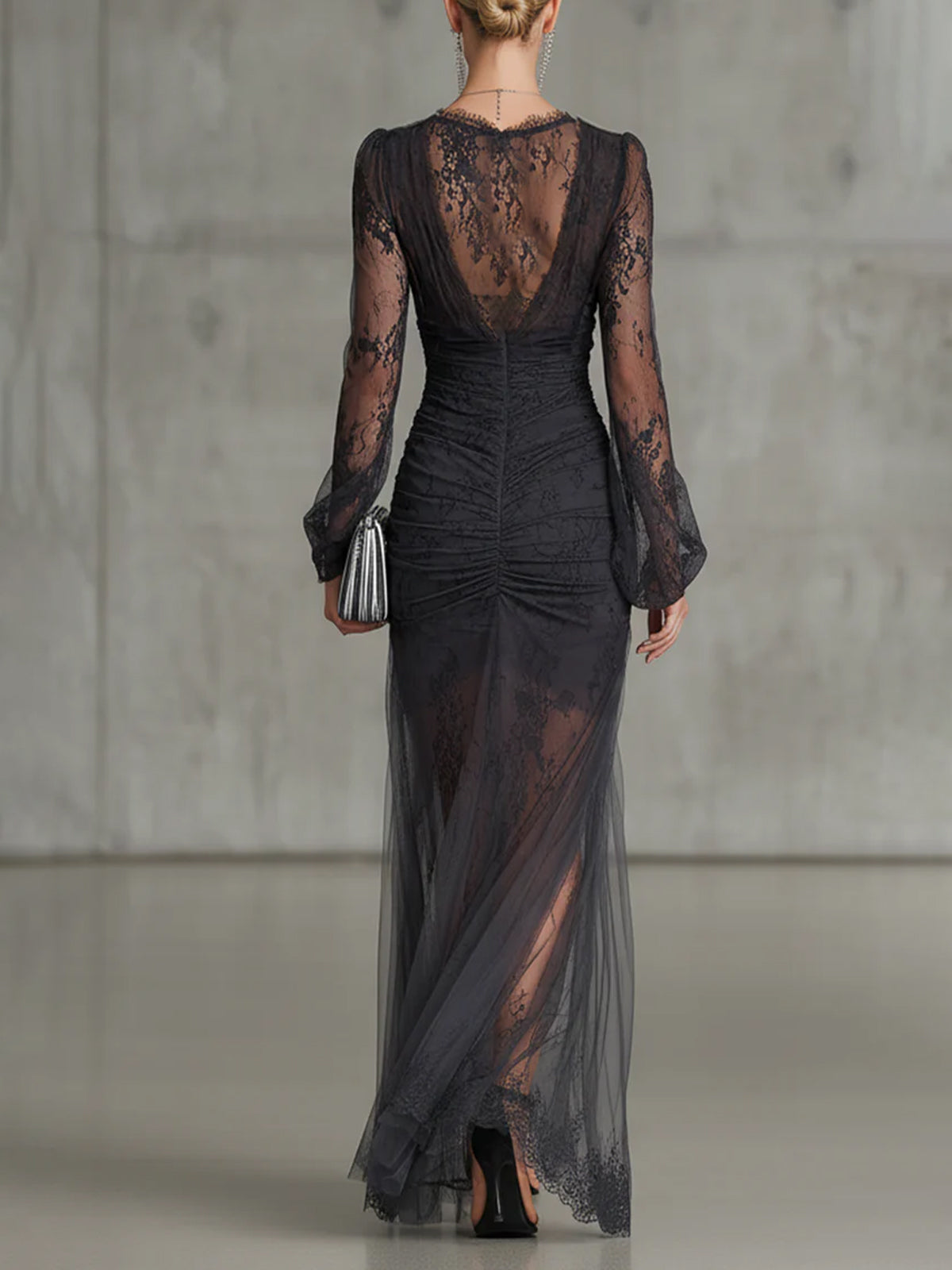 Black Lace Ruched Sheer Long Sleeve Slit Maxi Dress