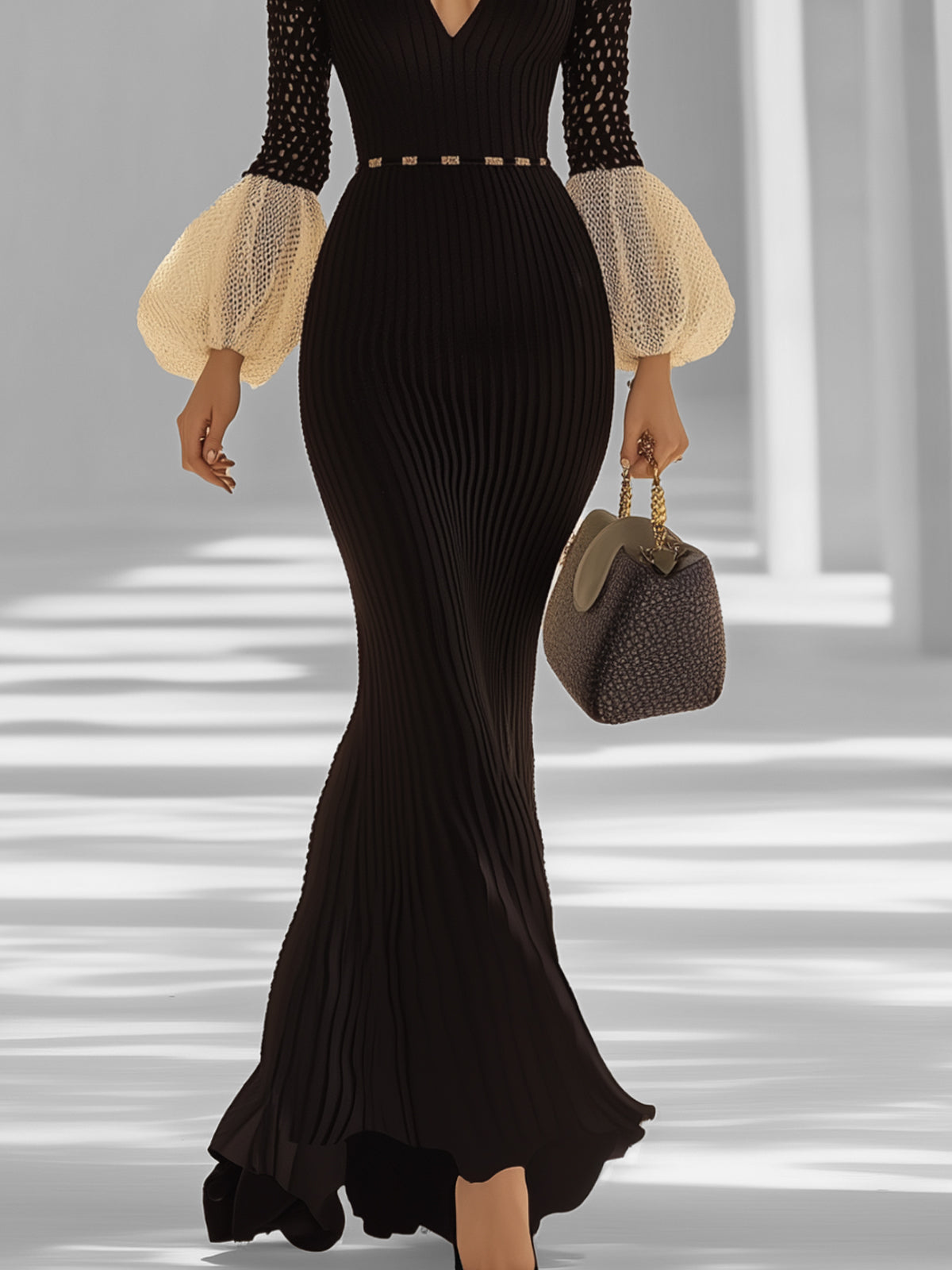 Black Maxi Dress With Contrast Balloon Sleeves