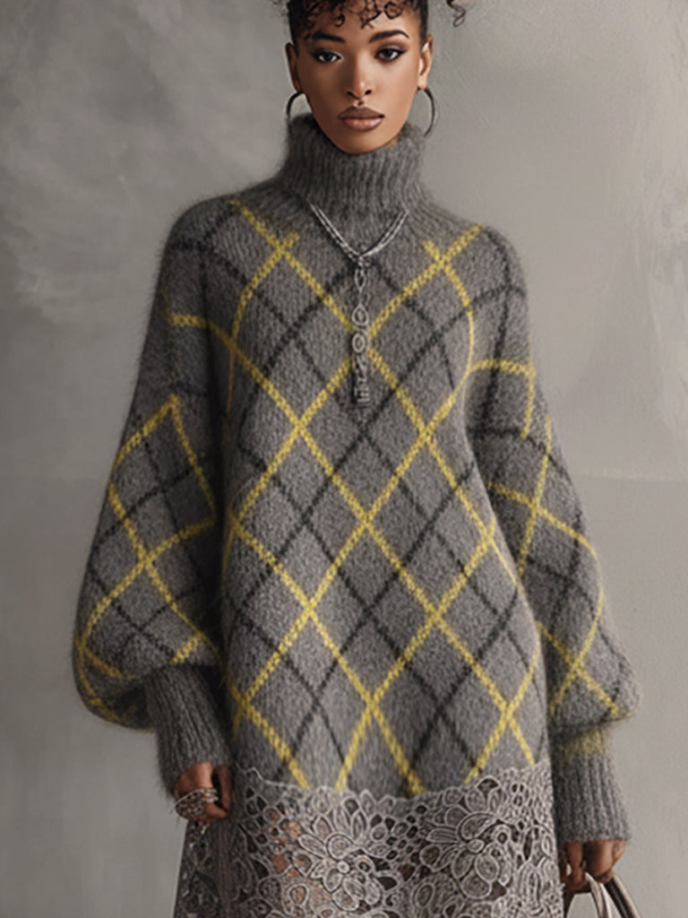 Gray Plaid Mohair Long Sleeve Mini Dress With Lace Hem