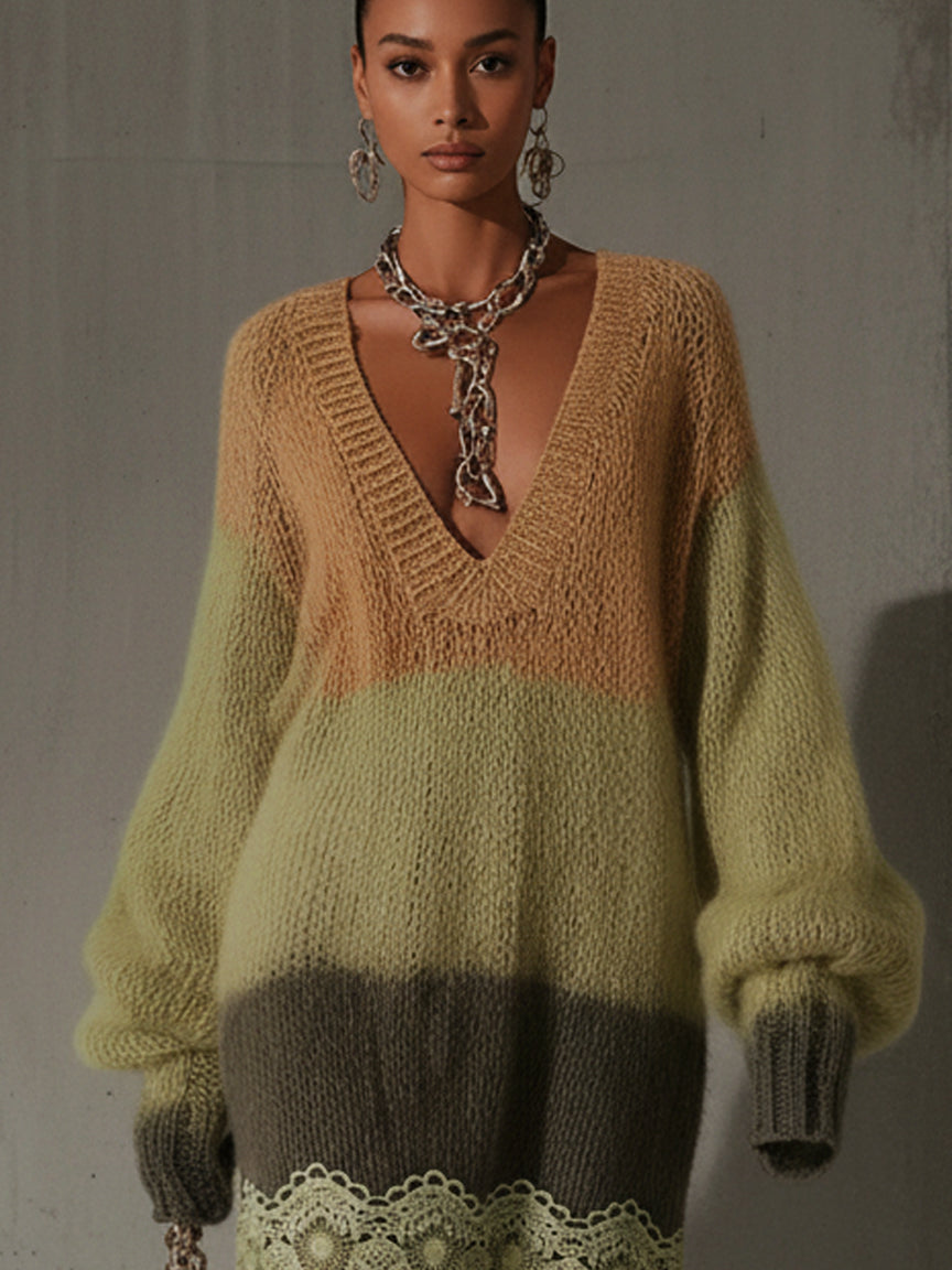 Green Color Block Mohair Knit Mini Dress With Lace Hem