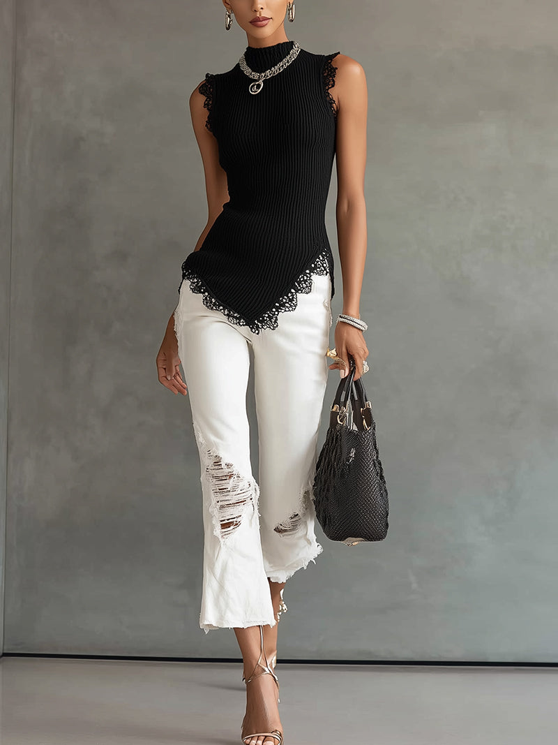 Black Ribbed Knit Sleeveless Tank With Lace Trim Hem