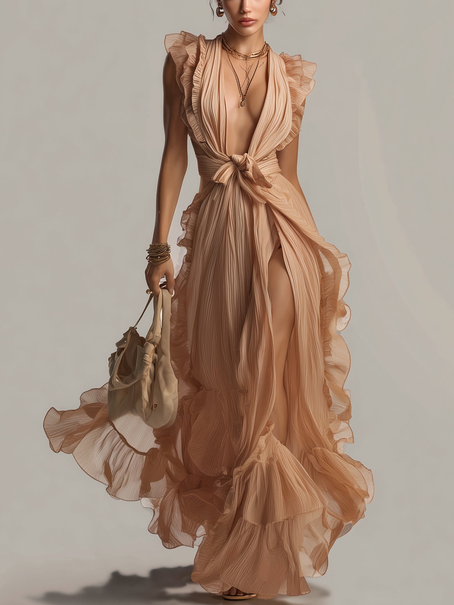 Pink Sleeveless Pleated Chiffon Maxi Dress