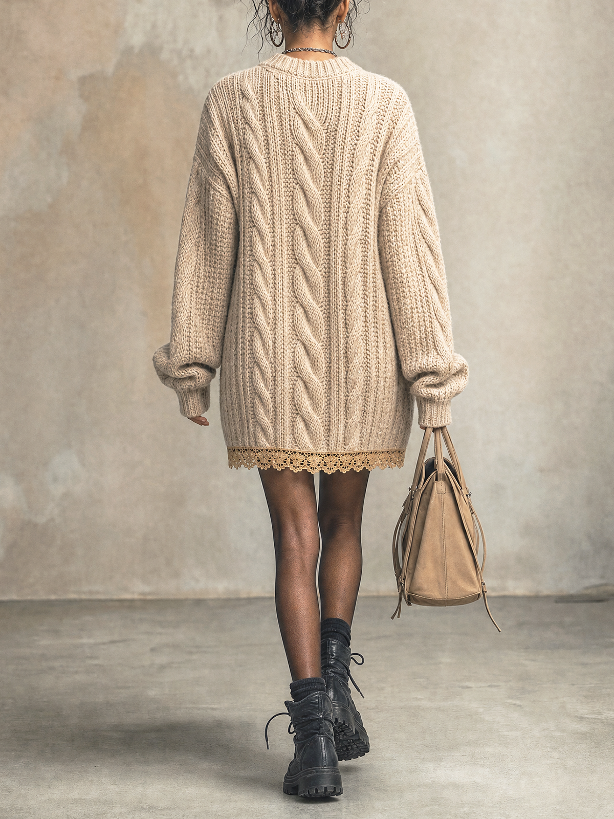 Beige Cable‑Knit Lace Trim Oversized Mini Dress