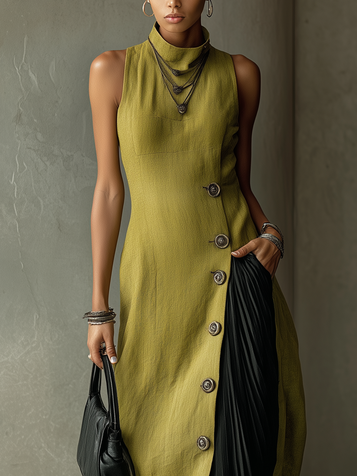 Olive Asymmetrical Button-Front Sleeveless Midi Dress With Pleated Panel