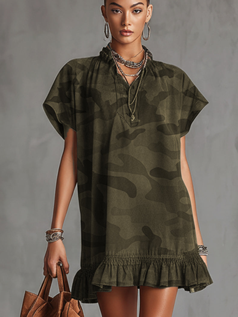 Green Faux Suede Camo Short Sleeve Mini Dress