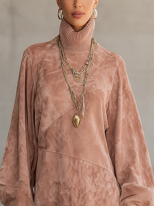 Pink Faux Suede Turtleneck Mini Dress With Balloon Sleeves And Fringe Hem