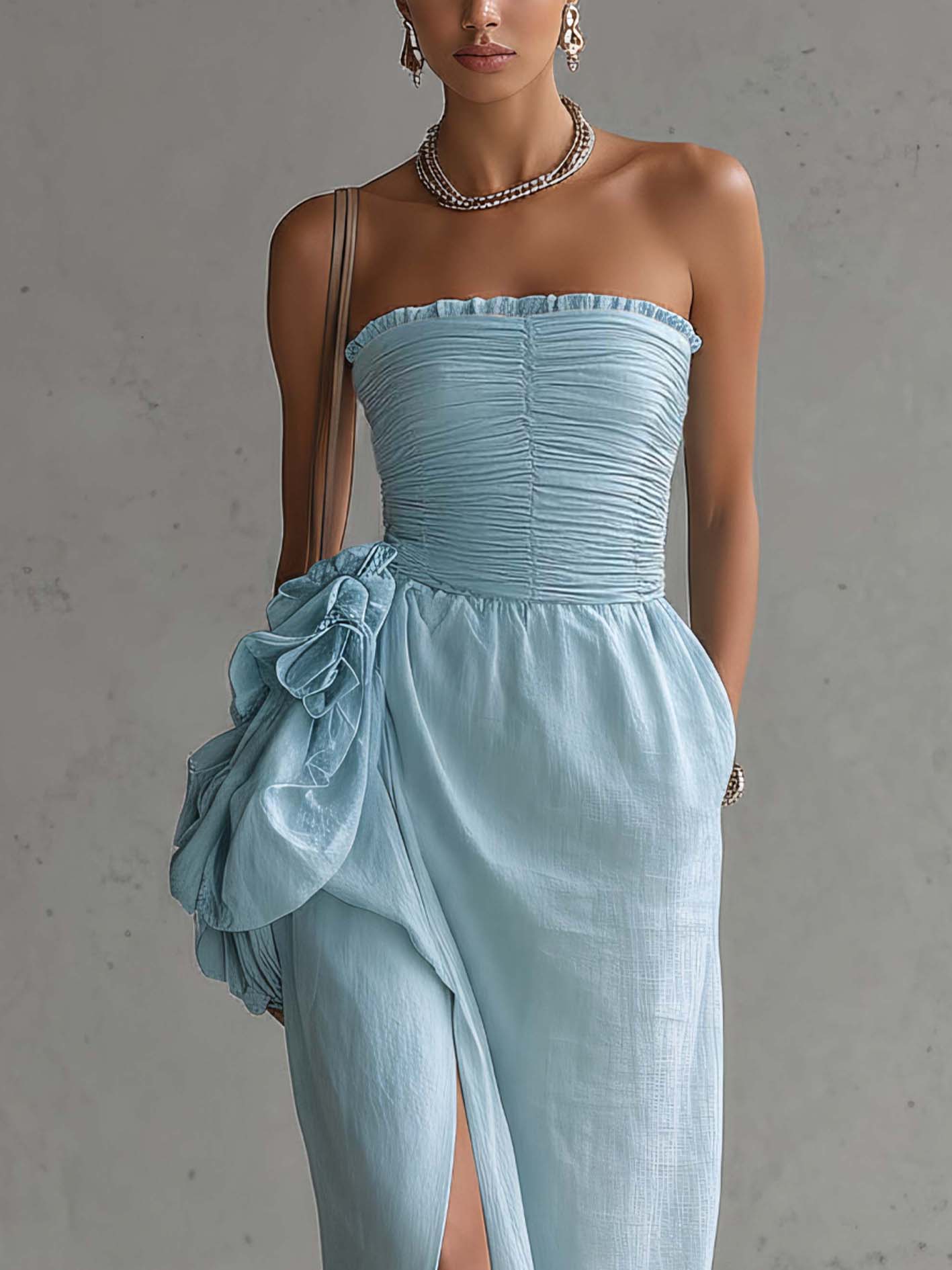 Light Blue Satin Patchwork Linen Off Shoulder Ruched Maxi Dress