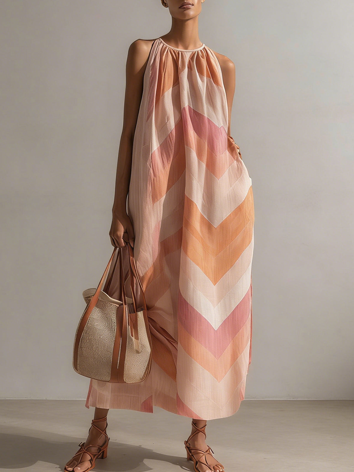 Pink Chevron Print Halter Maxi Dress