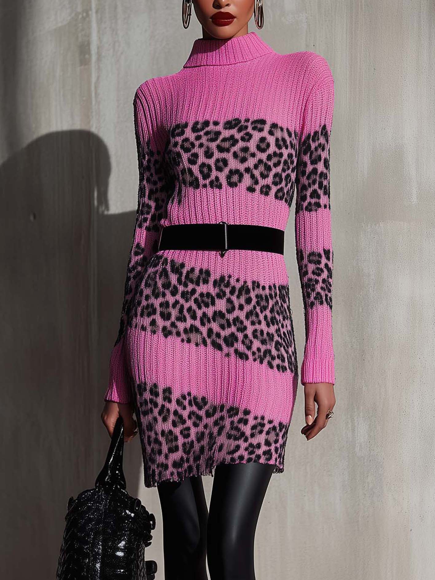 Barbie Pink Knit Bodycon Dress With Leopard Print And Black Belt
