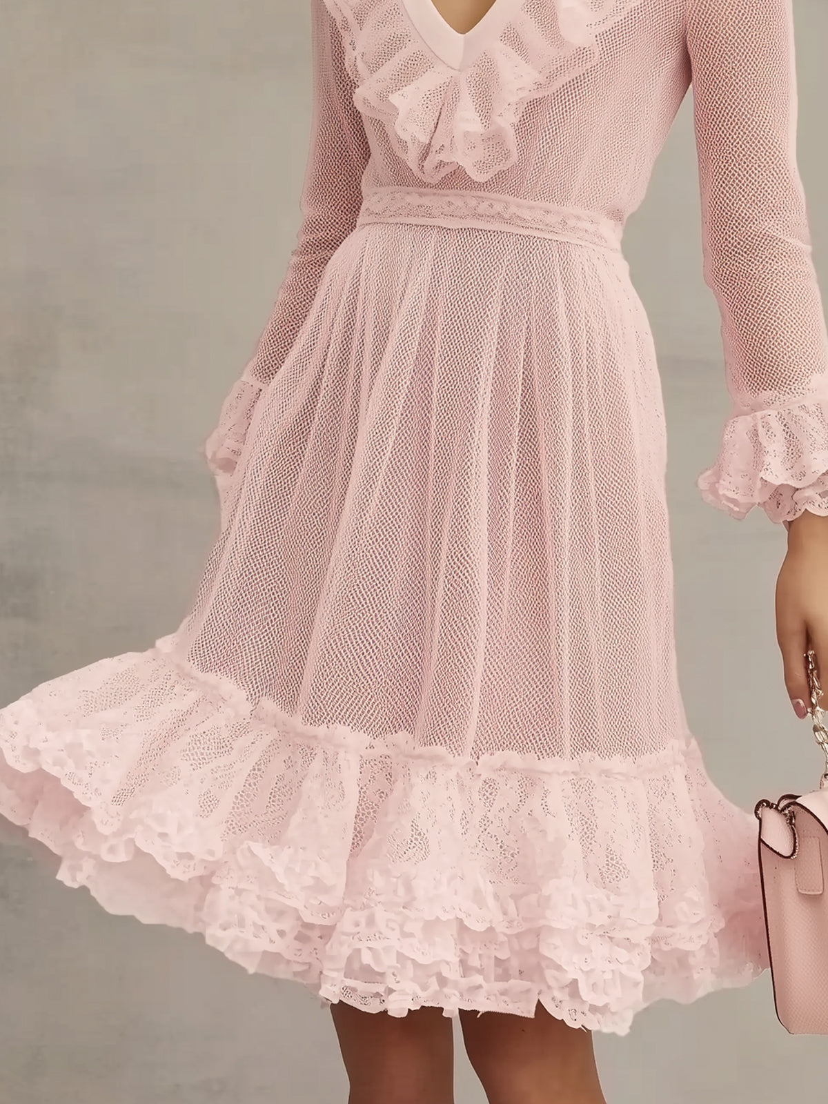 Pink Mesh Ruffle Trim V-Neck Long Sleeve Midi Dress