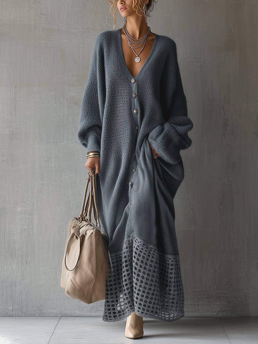 Blue Deep V-Neck Knit Maxi Dress With Openwork Hem