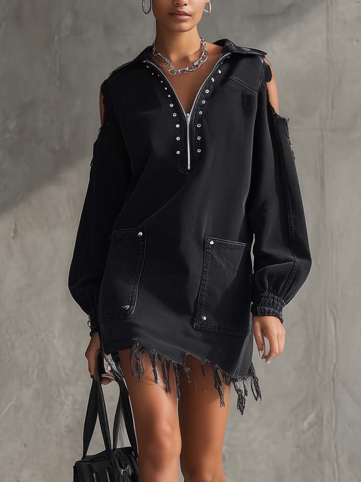 Black Cold Shoulder Denim Mini Dress With Zipper