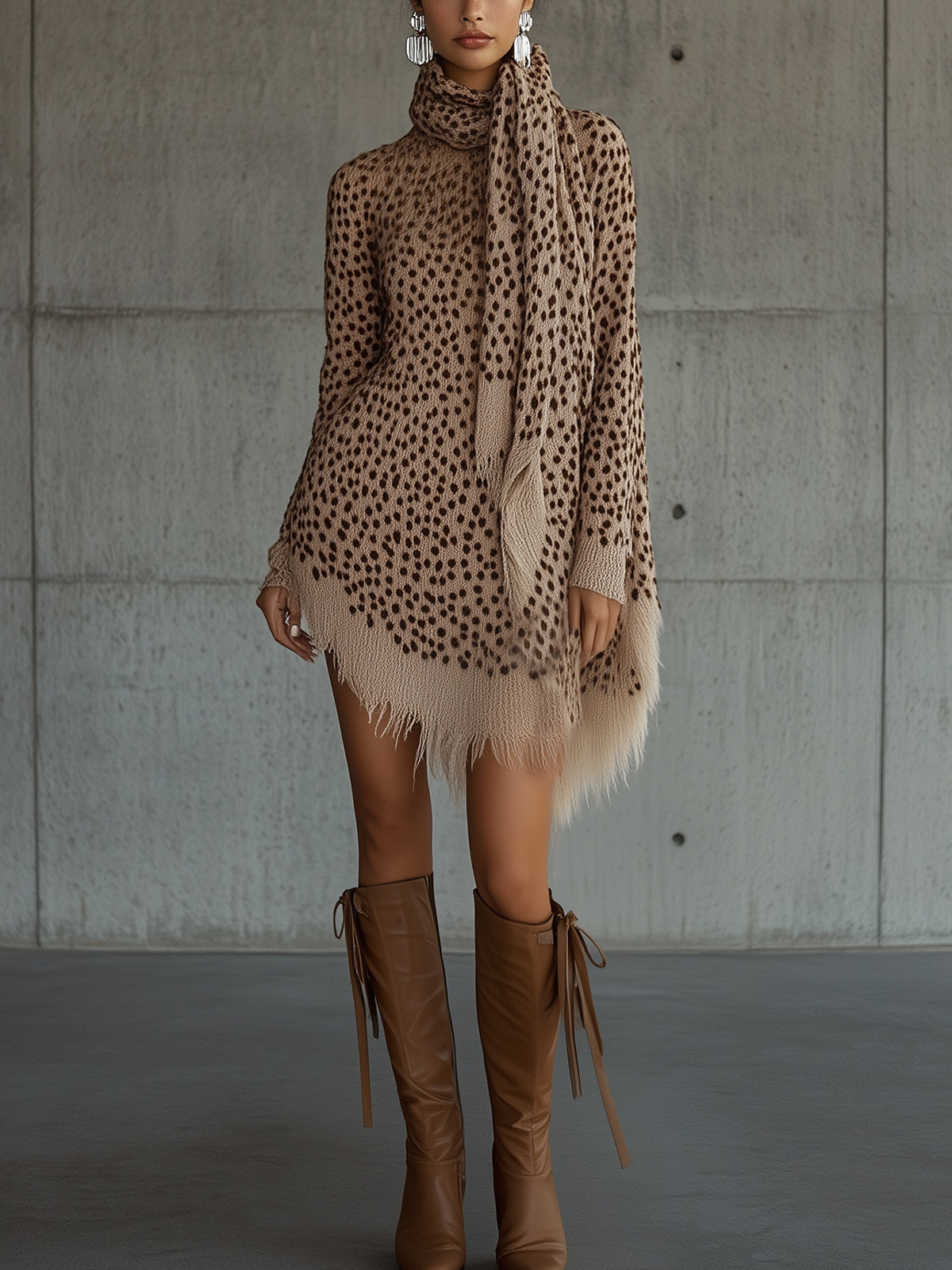 Brown Elegant Speckled Fringe Sweater Dress With Scarf