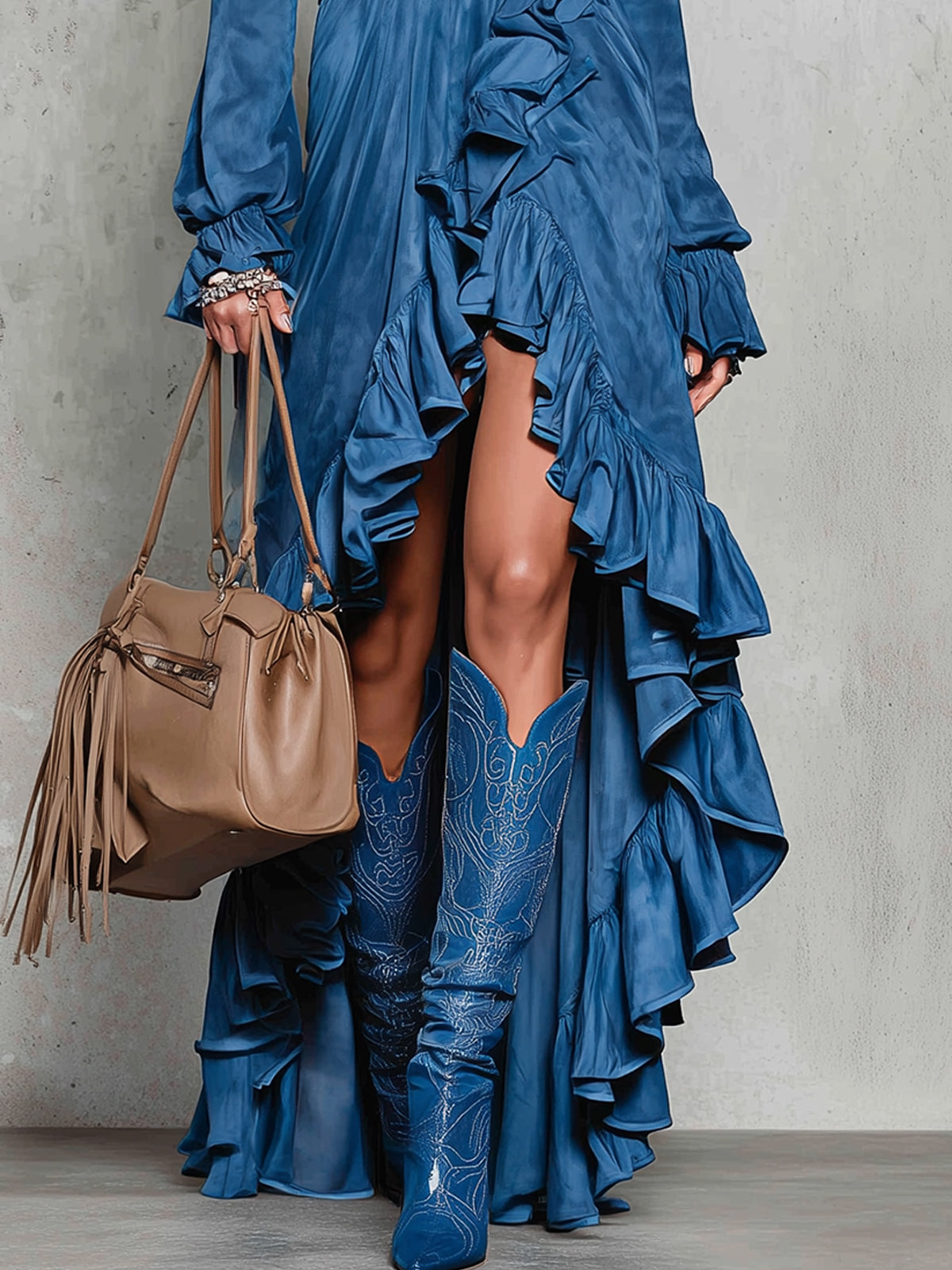 Blue High-Low Ruffled Faux Suede Dress With Belted Waist