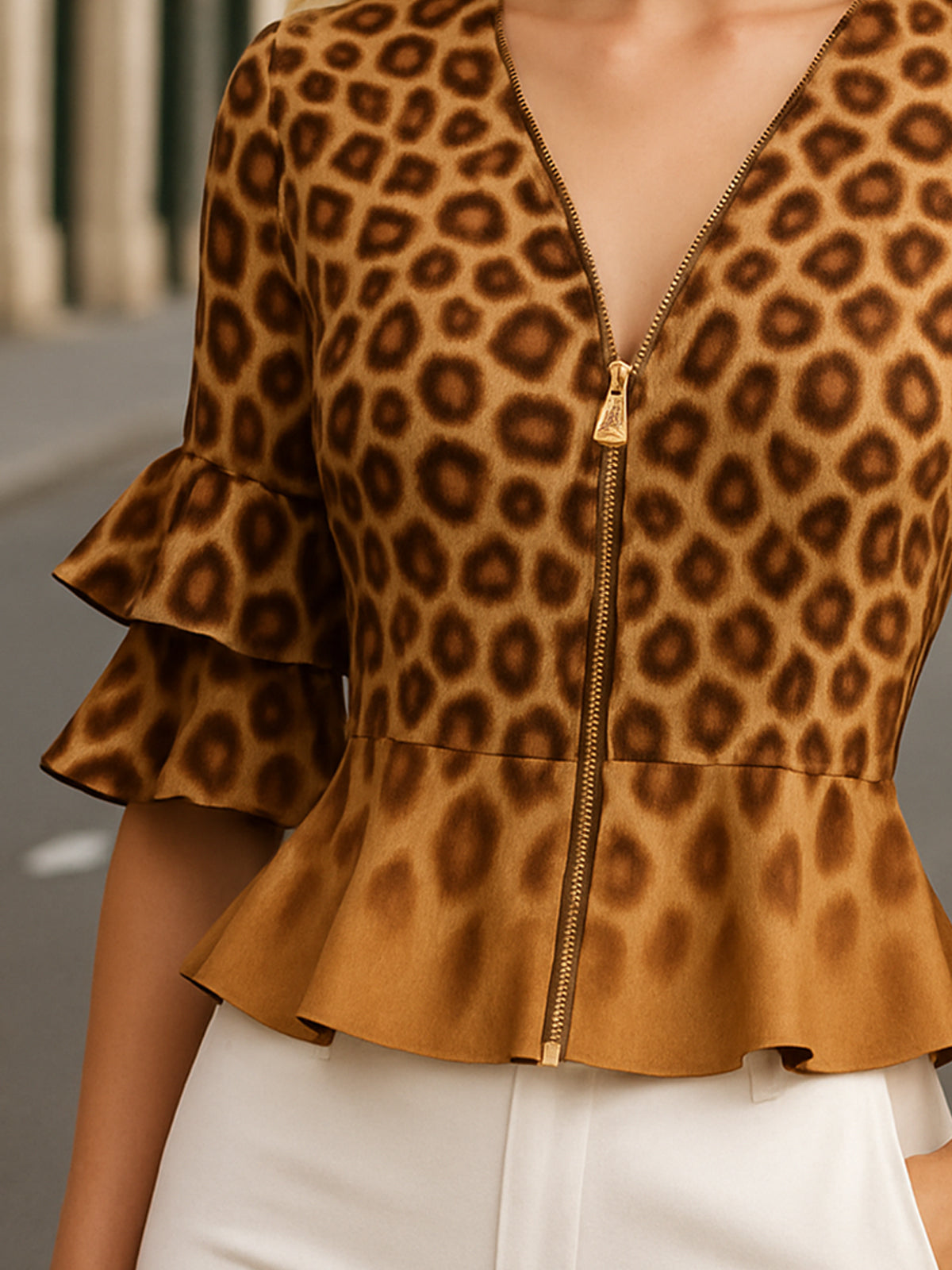 Stylish Leopard Print Ruffle Sleeve Peplum Blouse