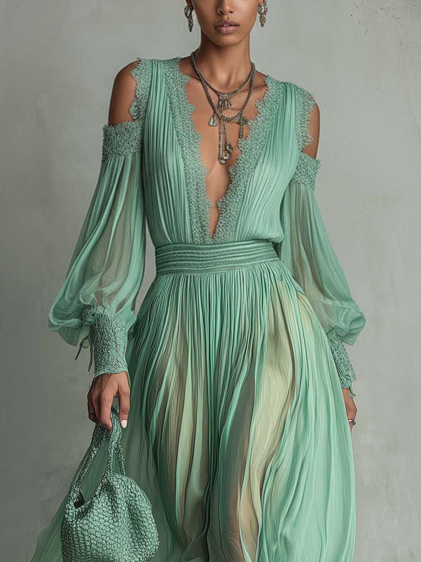 Mint Green Chiffon Lace Cold Shoulder Maxi Dress