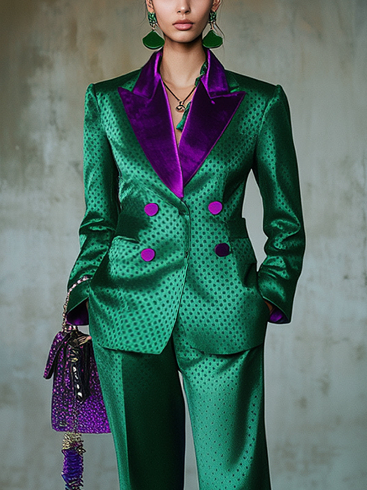 Emerald Green Polka Dot Blazer And Wide Leg Pants Suit