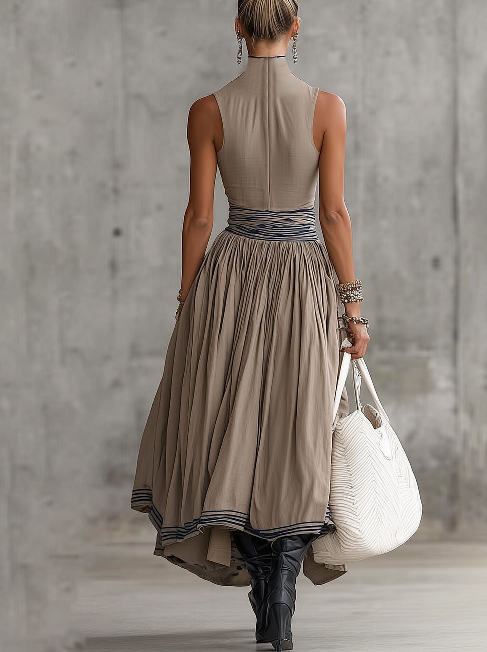 Brown Sleeveless Turtleneck Belted Flowy Midi Dress