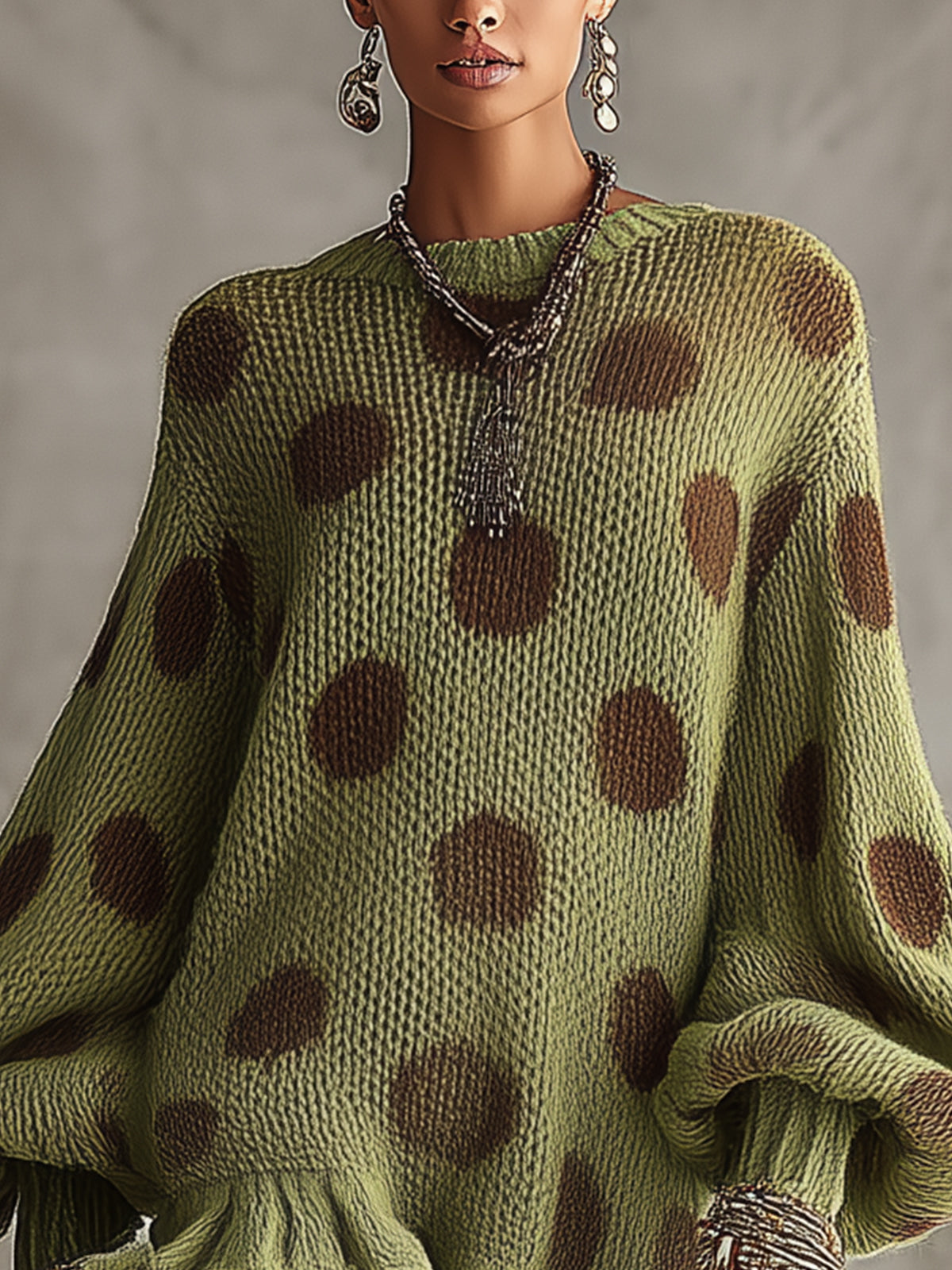 Green Polka Dot Oversized Knit Sweater Dress With Ruffled Hem