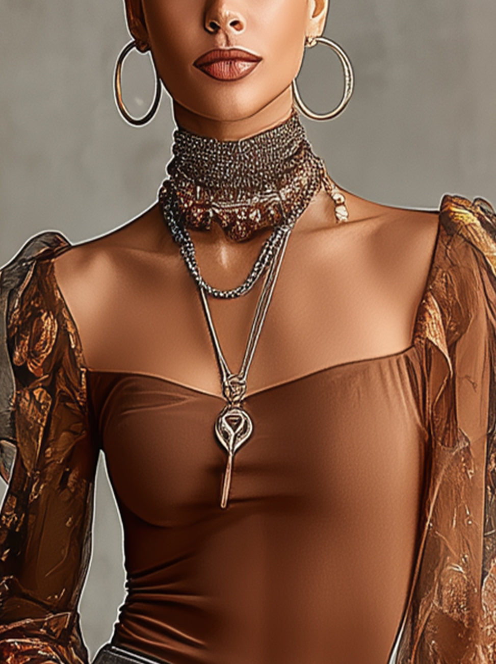 Brown Off-Shoulder Mesh Floral Sleeve Blouse