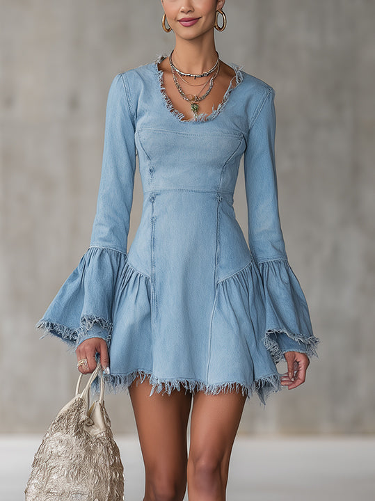 Light Blue Denim Frayed-Edge Bell-Sleeve A-Line Mini Dress
