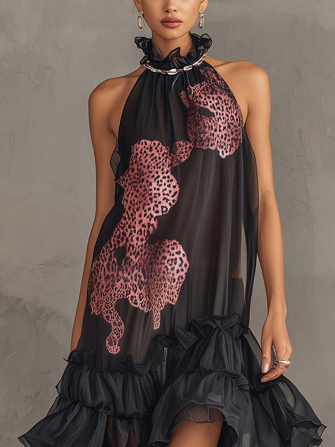 Black Chiffon Ruffled Asymmetric Leopard Midi Dress