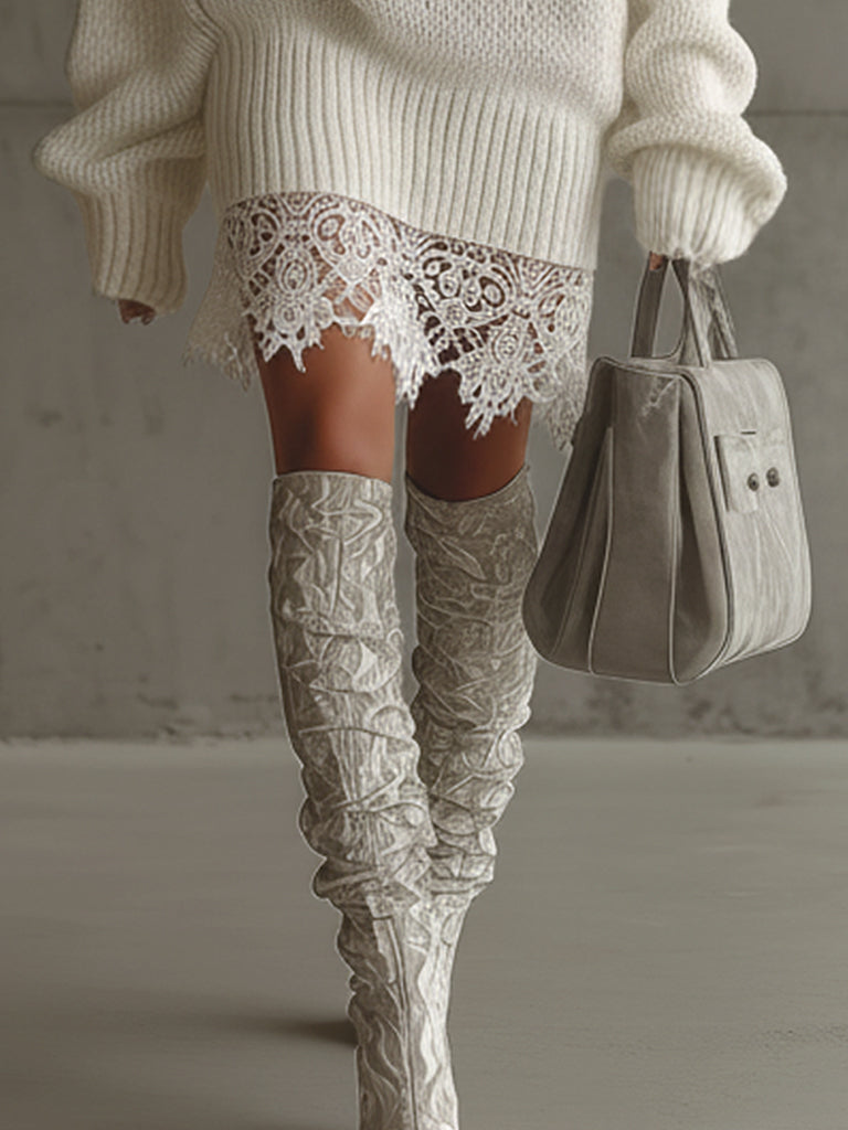 Ivory Knit Lace Hem Long Sleeve Mini Dress