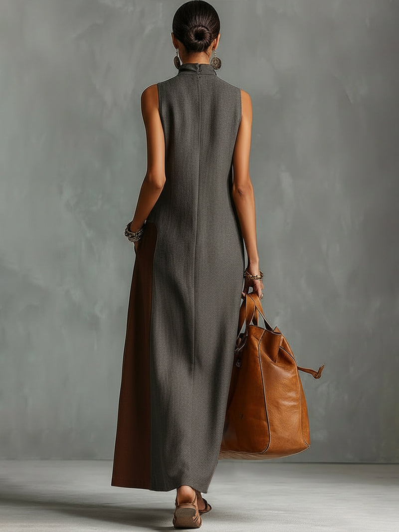 Colorblock High-Neck Sleeveless Linen Maxi Dress