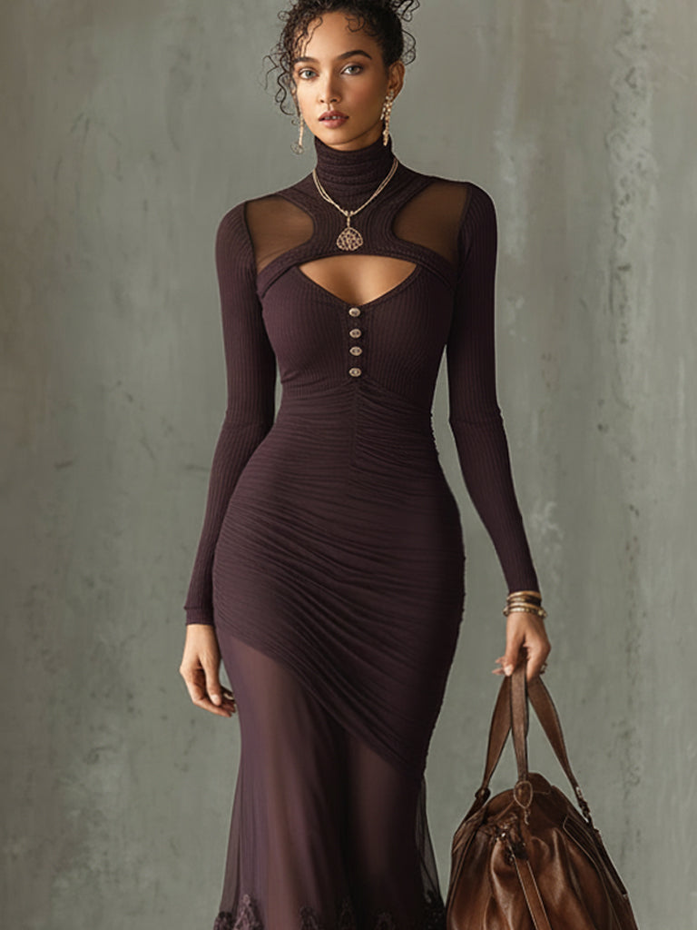 Dark Purple Knit Cutout Bodycon Dress With Lace Hem
