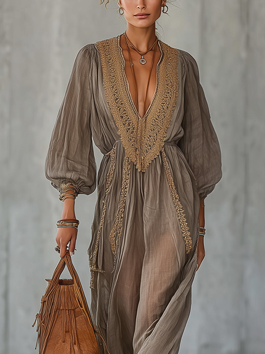 Taupe Bohemian Style Linen Blend Deep V-Neck Lace Maxi Dress