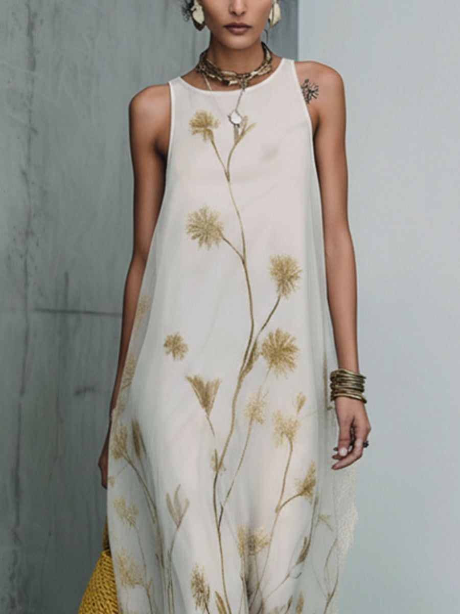 Ivory Sheer Chiffon Floral Print Maxi Dress With Lace Hem